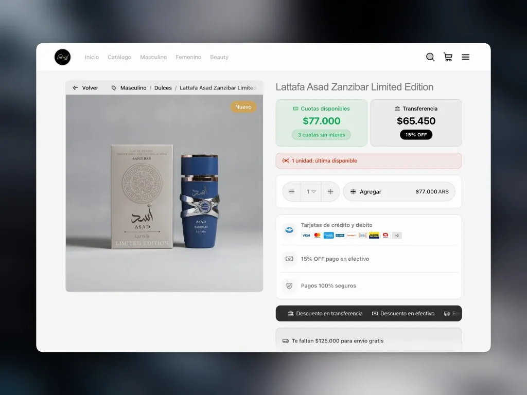 Detalle de producto con aviso de stock: última unidad disponible