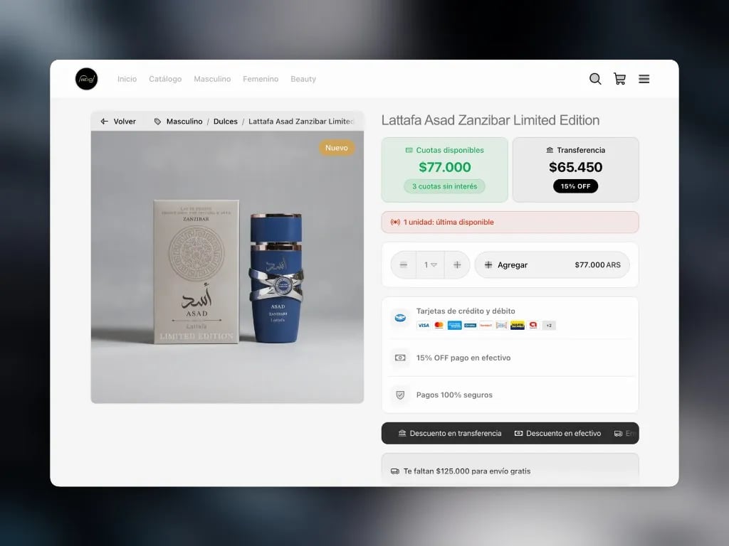 Detalle de producto con aviso de stock: última unidad disponible
