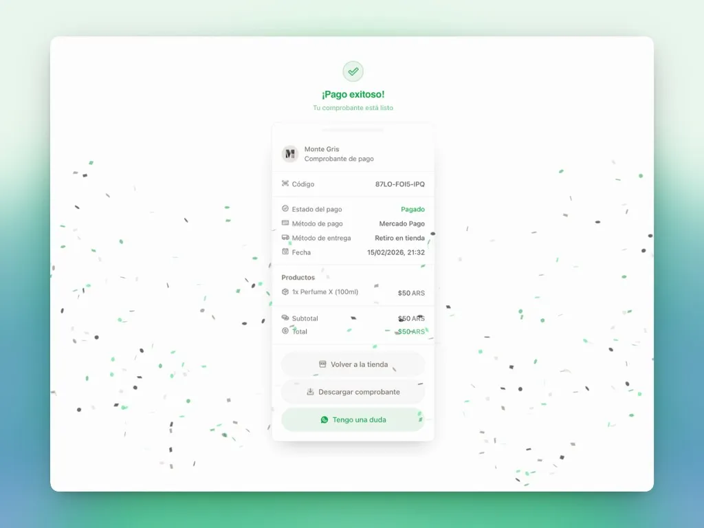 Comprobante de pago exitoso con opciones de descargar PDF y WhatsApp