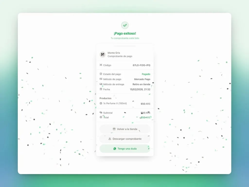 Comprobante de pago exitoso con opciones de descargar PDF y WhatsApp