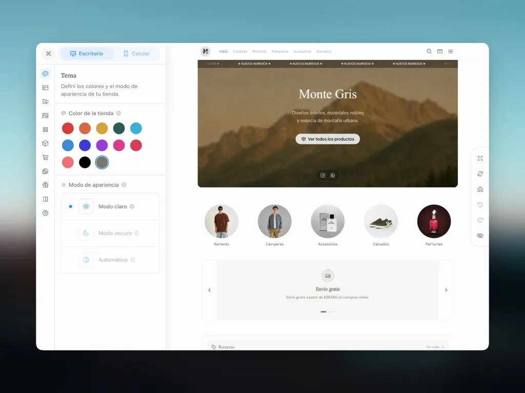 Panel de diseño con vista previa en vivo: Tema y preview de la tienda en escritorio