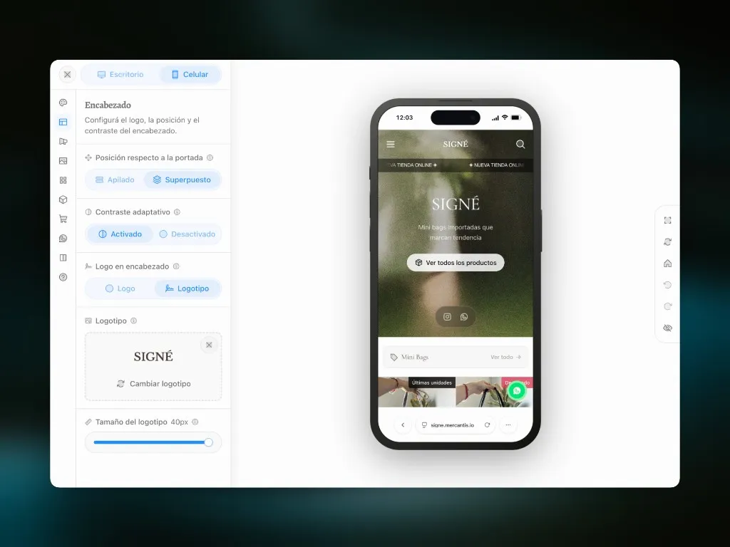 Editor de diseño: logotipo en el encabezado con vista previa en celular