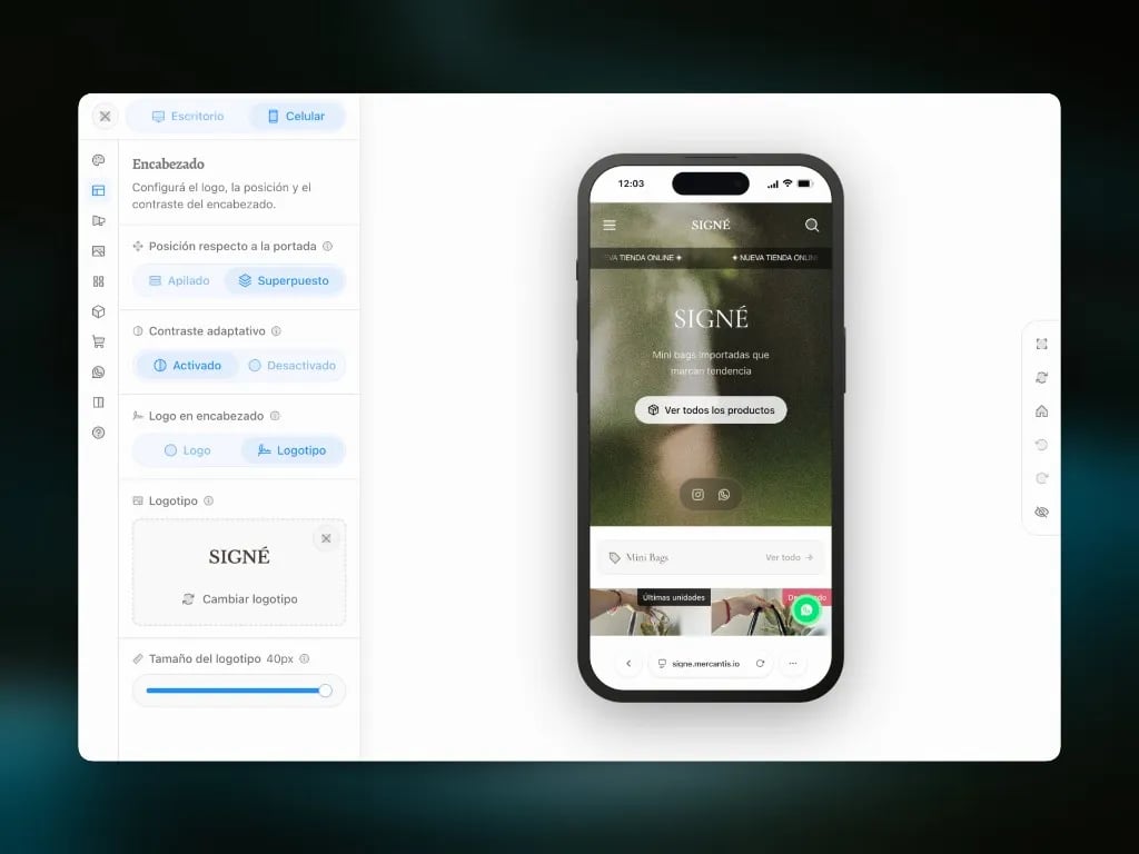 Editor de diseño: logotipo en el encabezado con vista previa en celular