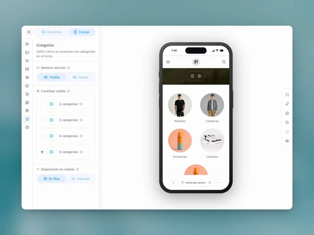 Editor de diseño: disposición de categorías en celular y vista previa