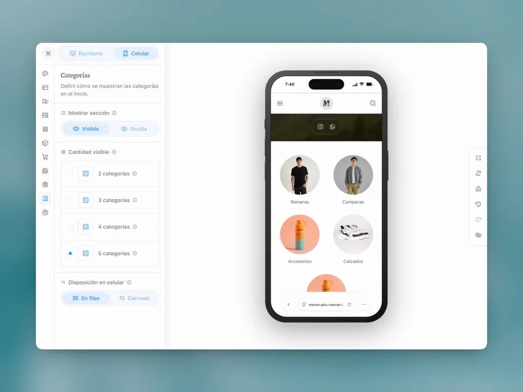 Editor de diseño: disposición de categorías en celular y vista previa