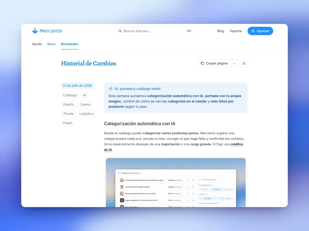 Historial de cambios en docs.mercantis.io: Novedades con callout de la semana y guías del panel