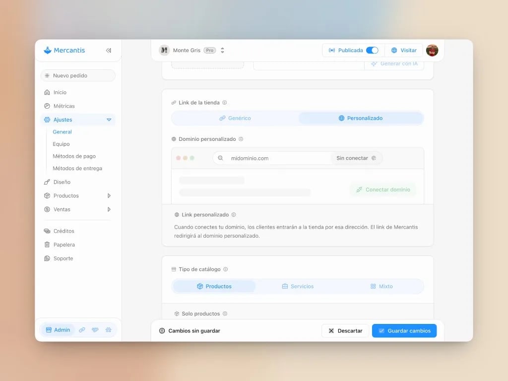 Ajustes generales: Link de la tienda en modo Personalizado con campo de dominio