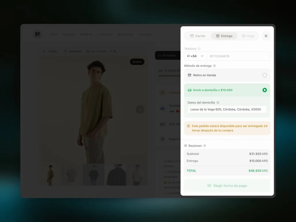 Carrito, paso Entrega: aviso Este pedido estará disponible para ser entregado 24 horas después de tu compra