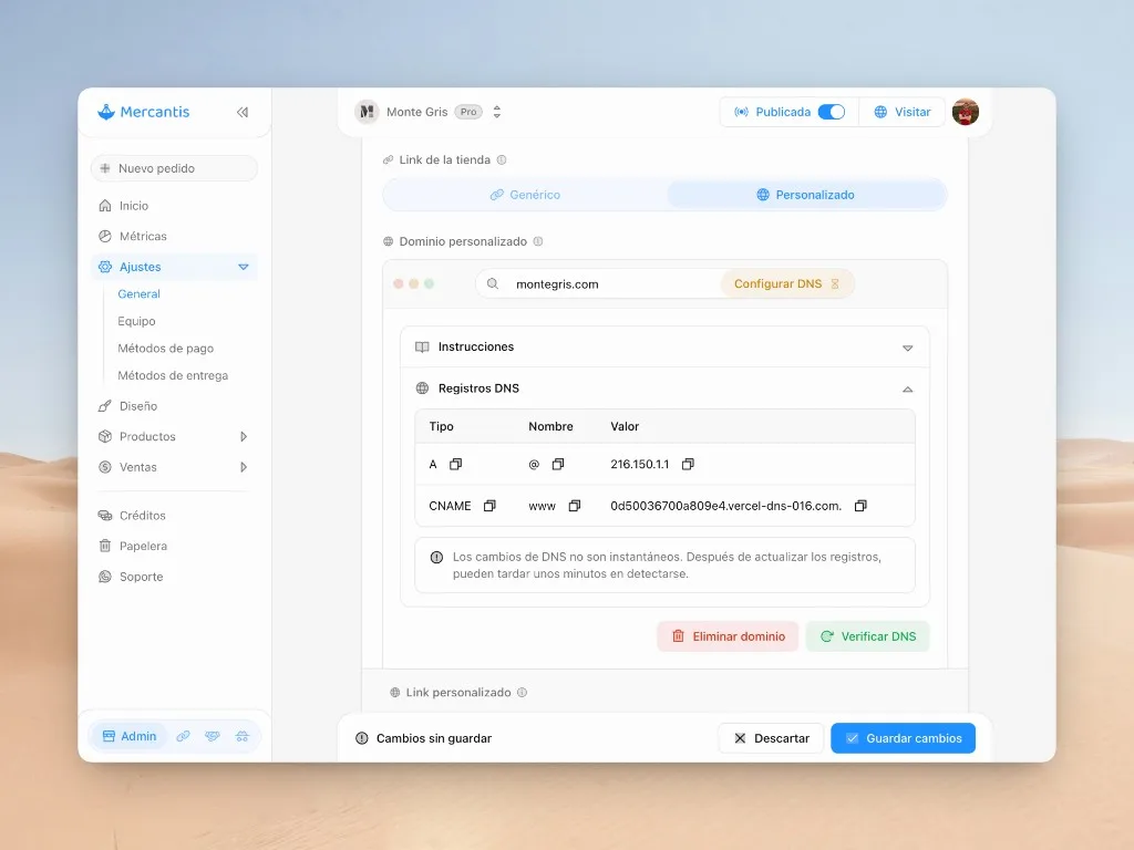 Link de la tienda: sección Registros con selector entre DNS y NS y tabla para copiar la configuración