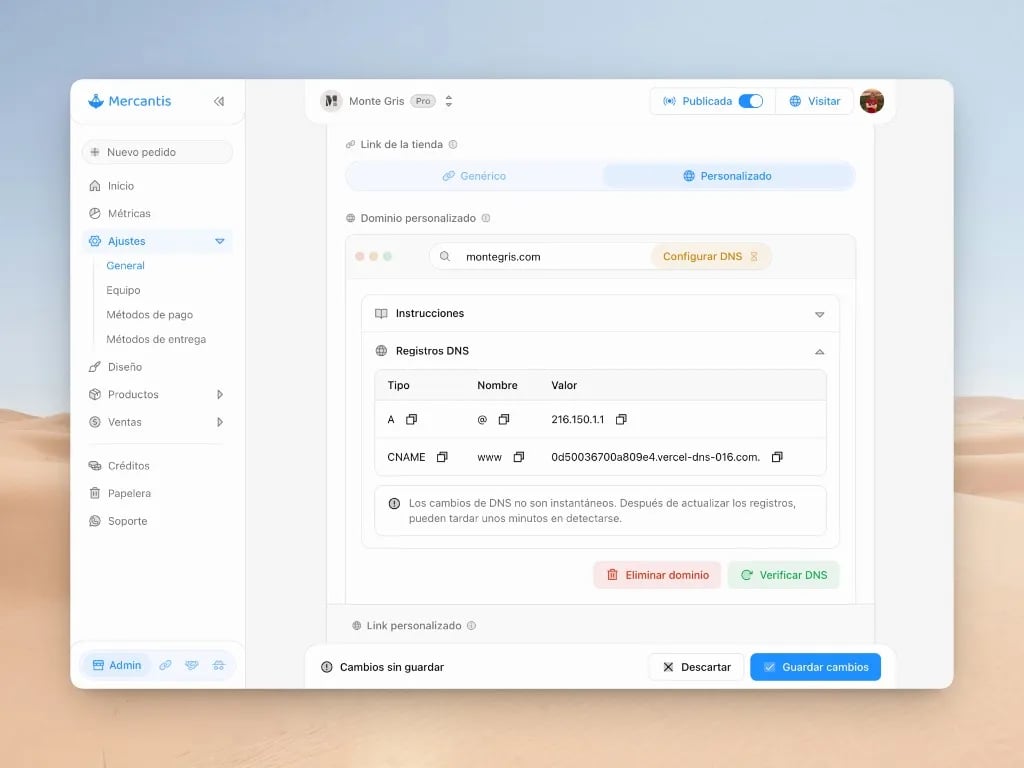 Link de la tienda: sección Registros con selector entre DNS y NS y tabla para copiar la configuración