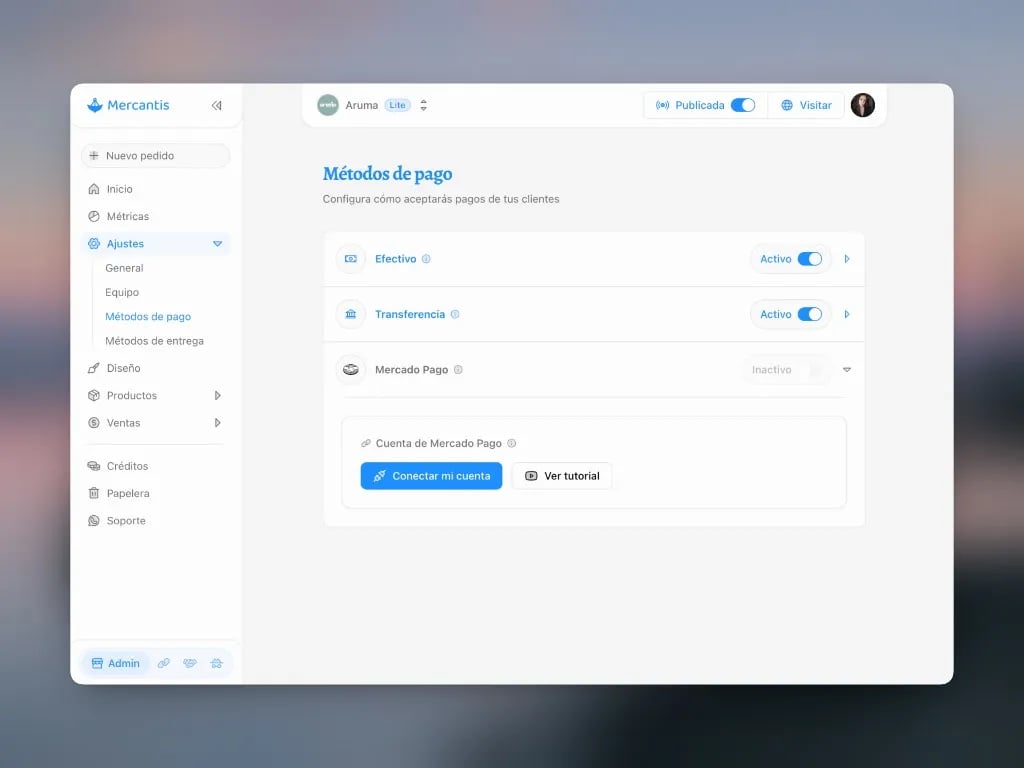 Métodos de pago con Mercado Pago activo