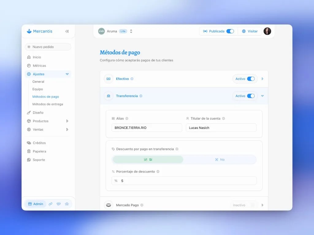 Métodos de pago con transferencia y efectivo activos