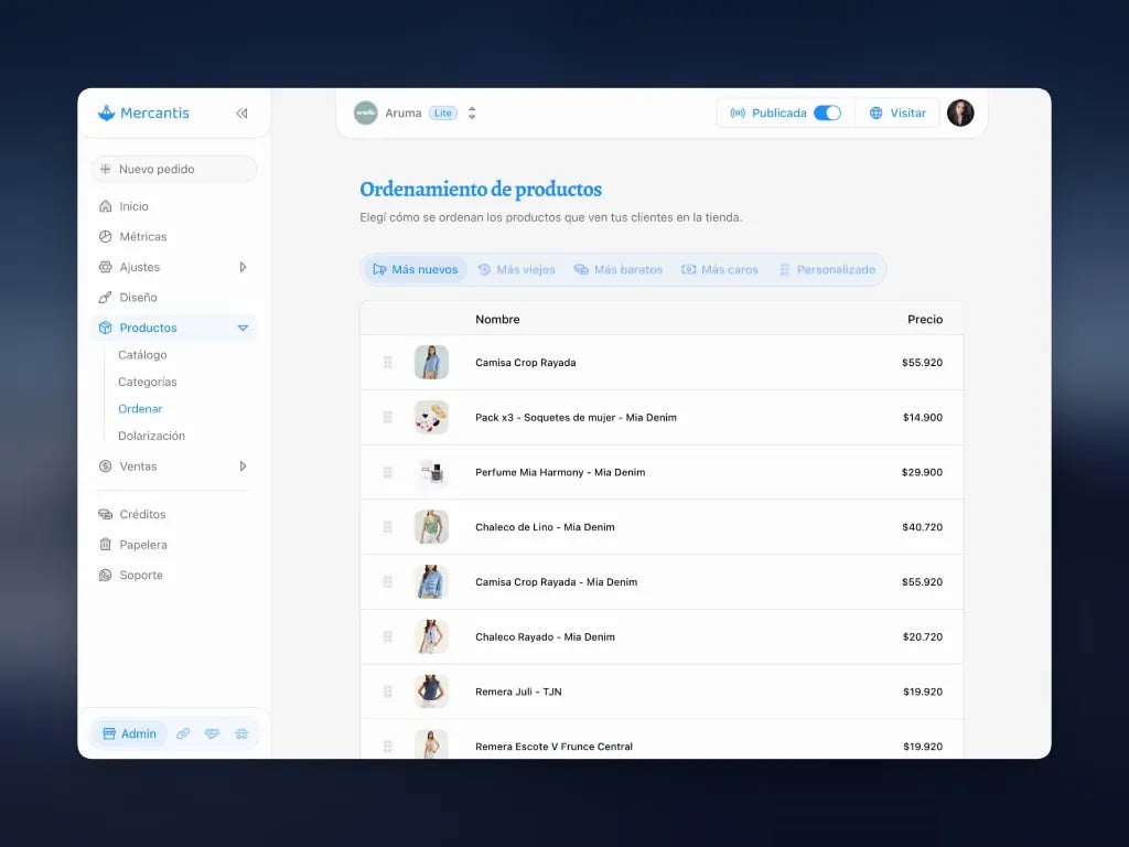 Ordenamiento de productos: estrategias Más nuevos, Más viejos, Más baratos, Más caros y Personalizado