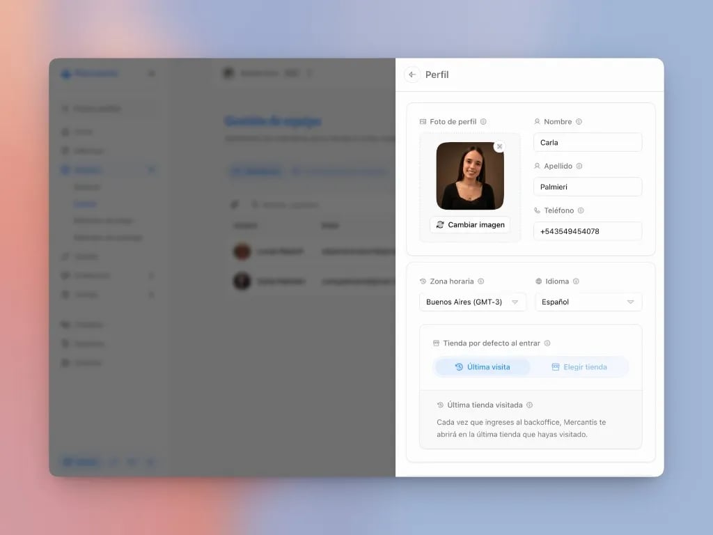 Perfil: foto, nombre, teléfono, zona horaria, idioma y tienda por defecto