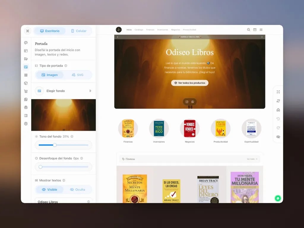 Editor de diseño: Portada con imagen, textos, tono y preview de la tienda