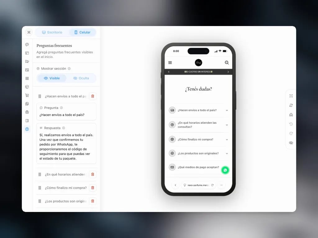 Editor de diseño: preguntas frecuentes visibles con preview en celular