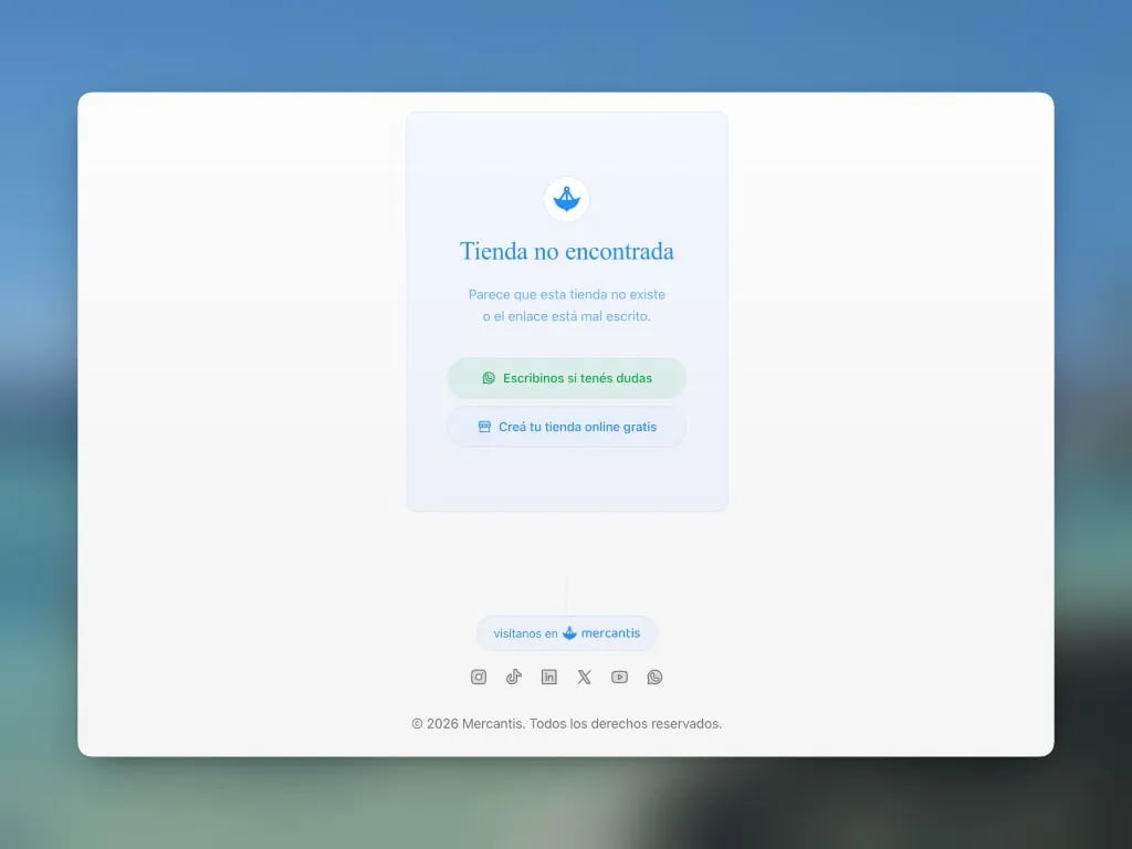 Pantalla Tienda no encontrada con opciones de WhatsApp y crear tienda
