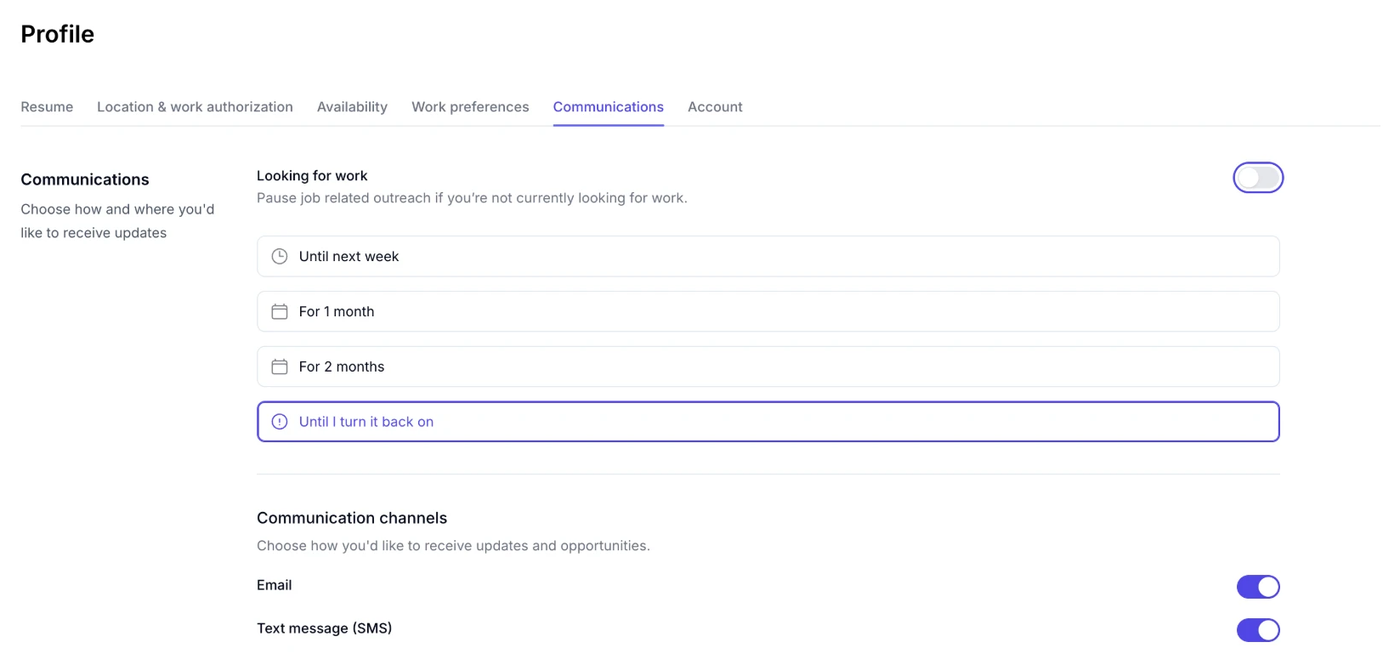 Communications tab of the Profile, showing Looking for work with its pause options and the Email and Text message (SMS) channel toggles
