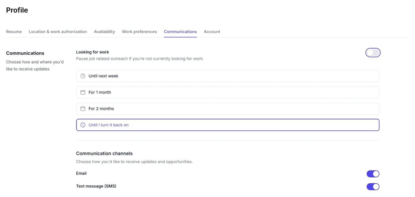 Communications tab of the Profile, showing Looking for work with its pause options and the Email and Text message (SMS) channel toggles