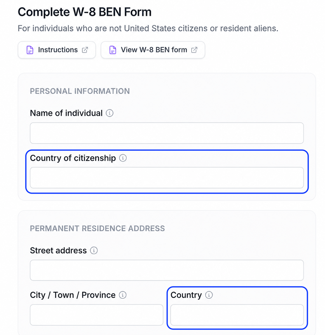 W-8 BEN form highlighting the Country of citizenship field and the Country (permanent residence) field