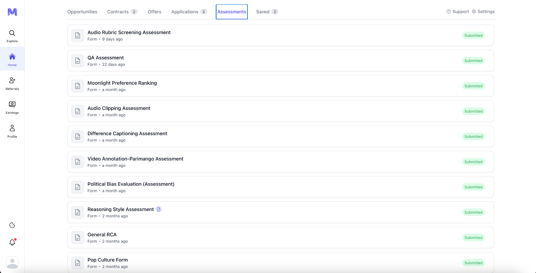 Assessments tab view