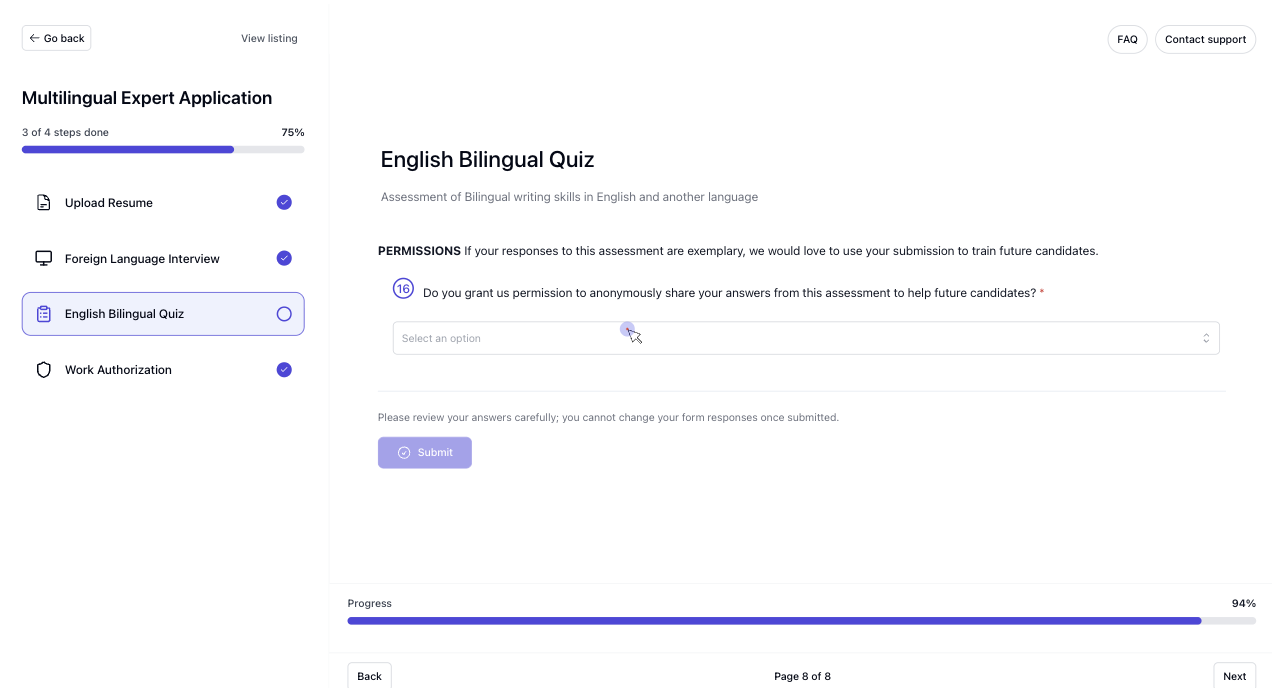 Assessment interface example