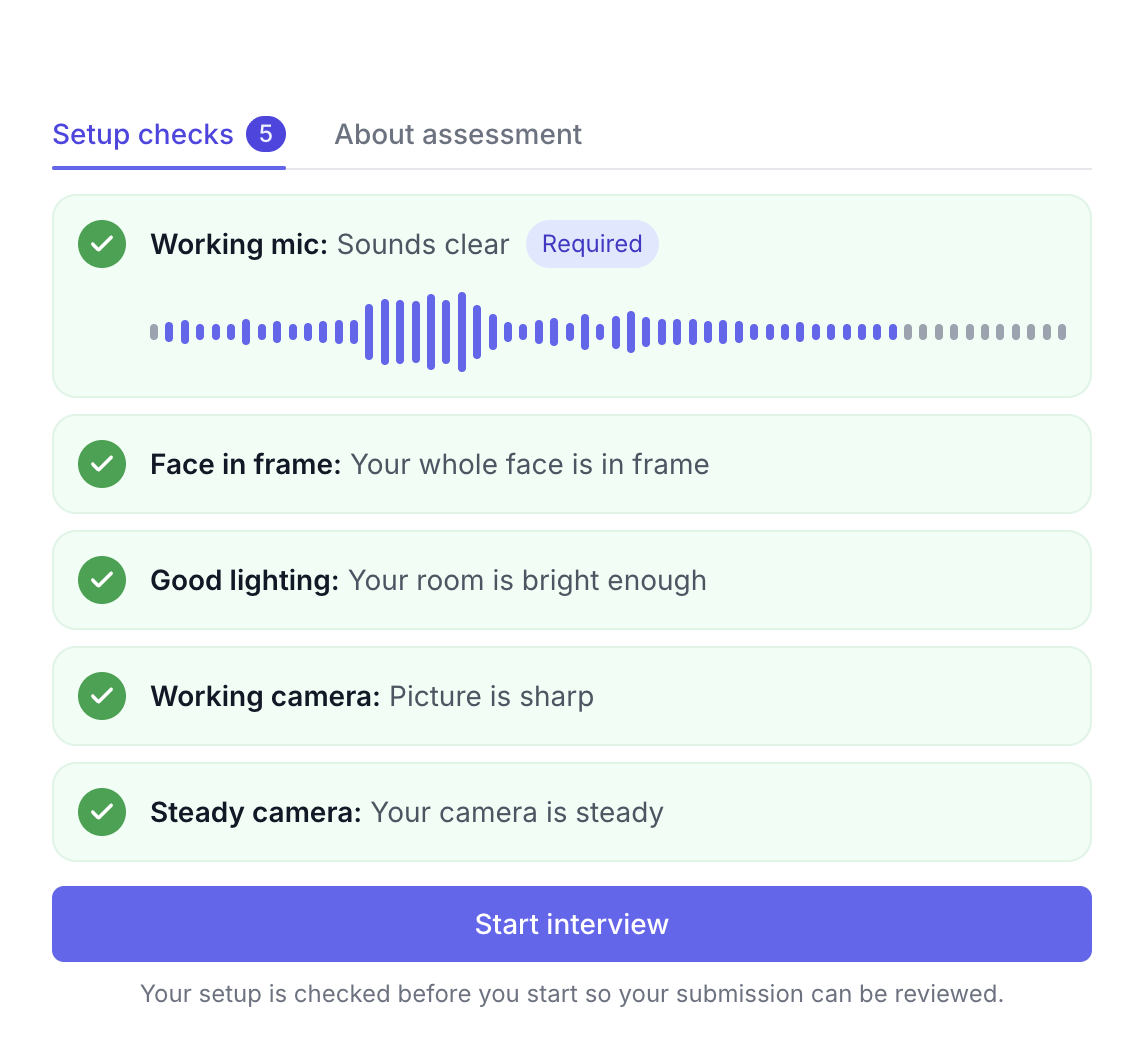 Setup checks tab with Working mic, Face in frame, Good lighting, Working camera, and Steady camera all passed, above the Start interview button