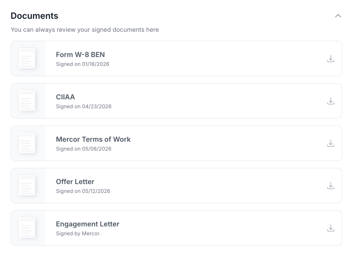 Documents section listing signed agreements, with the Engagement Letter marked Signed by Mercor and a download button