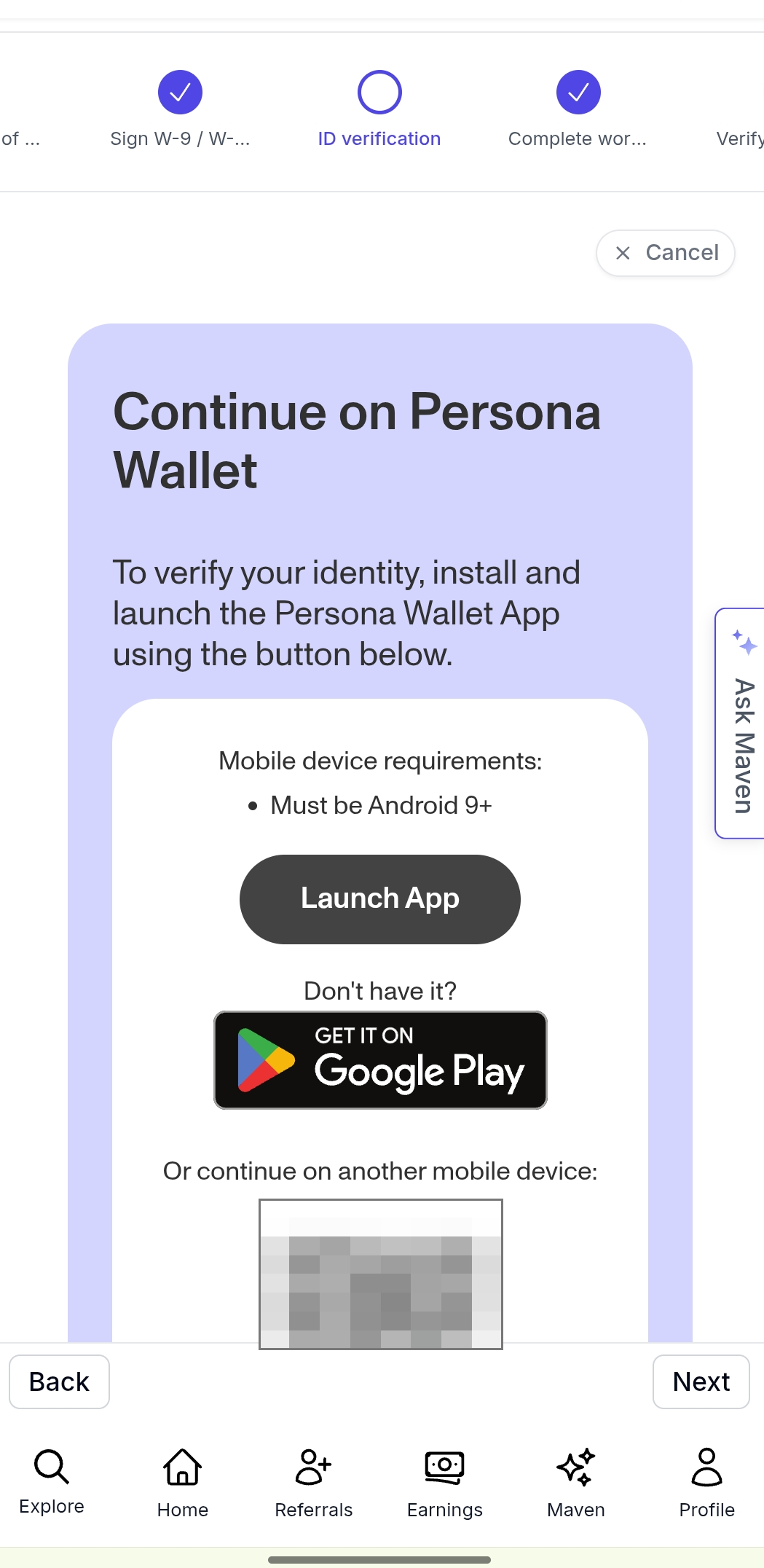 Continue on Persona Wallet screen showing device requirements, a Launch App button, a Get it on Google Play button, and a QR code to continue on another mobile device