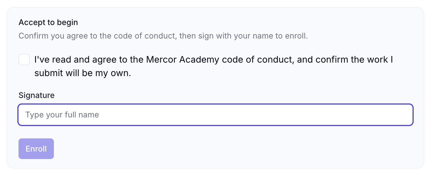 The Accept to begin panel with the code of conduct checkbox, the Signature field, and the Enroll button