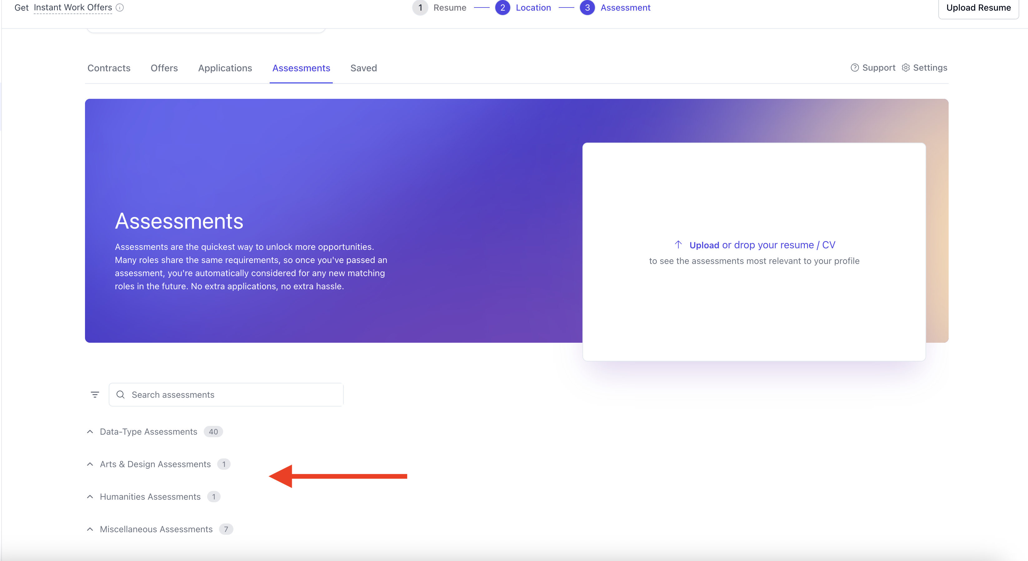Assessment categories view