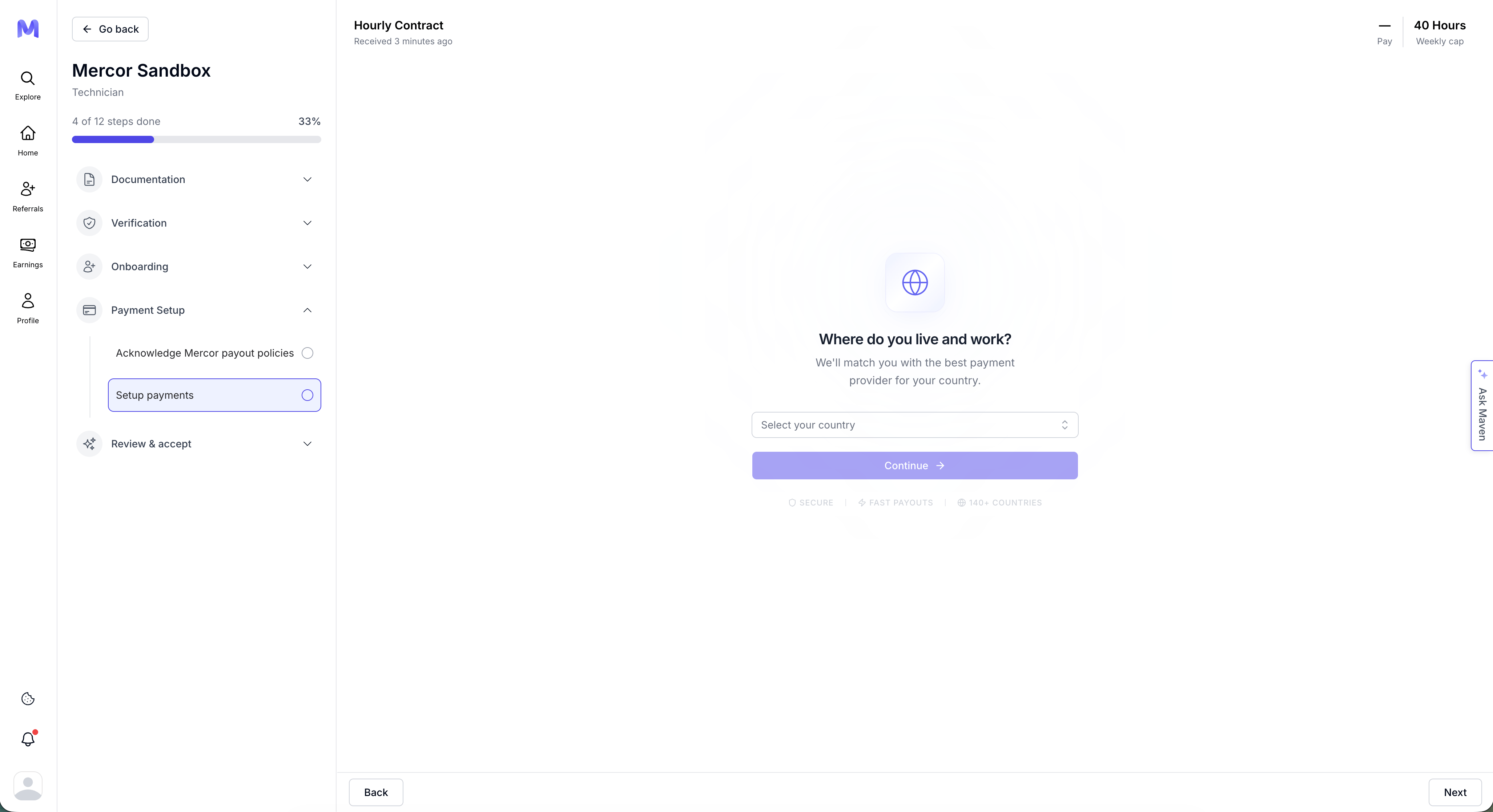 Setup payments — select your country