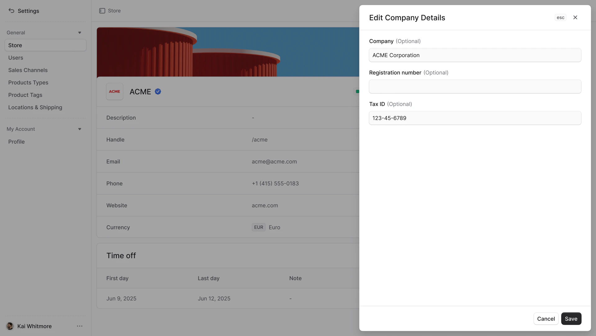Edit store company details drawer