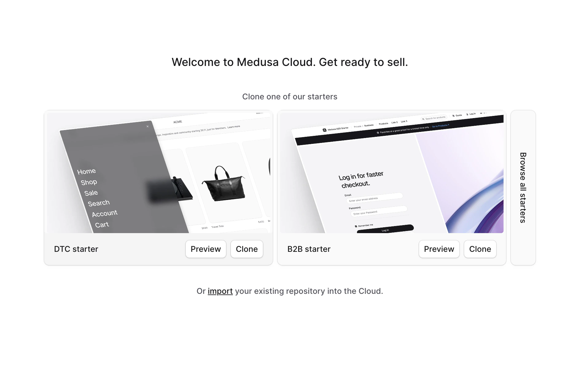 Medusa Cloud welcome screen