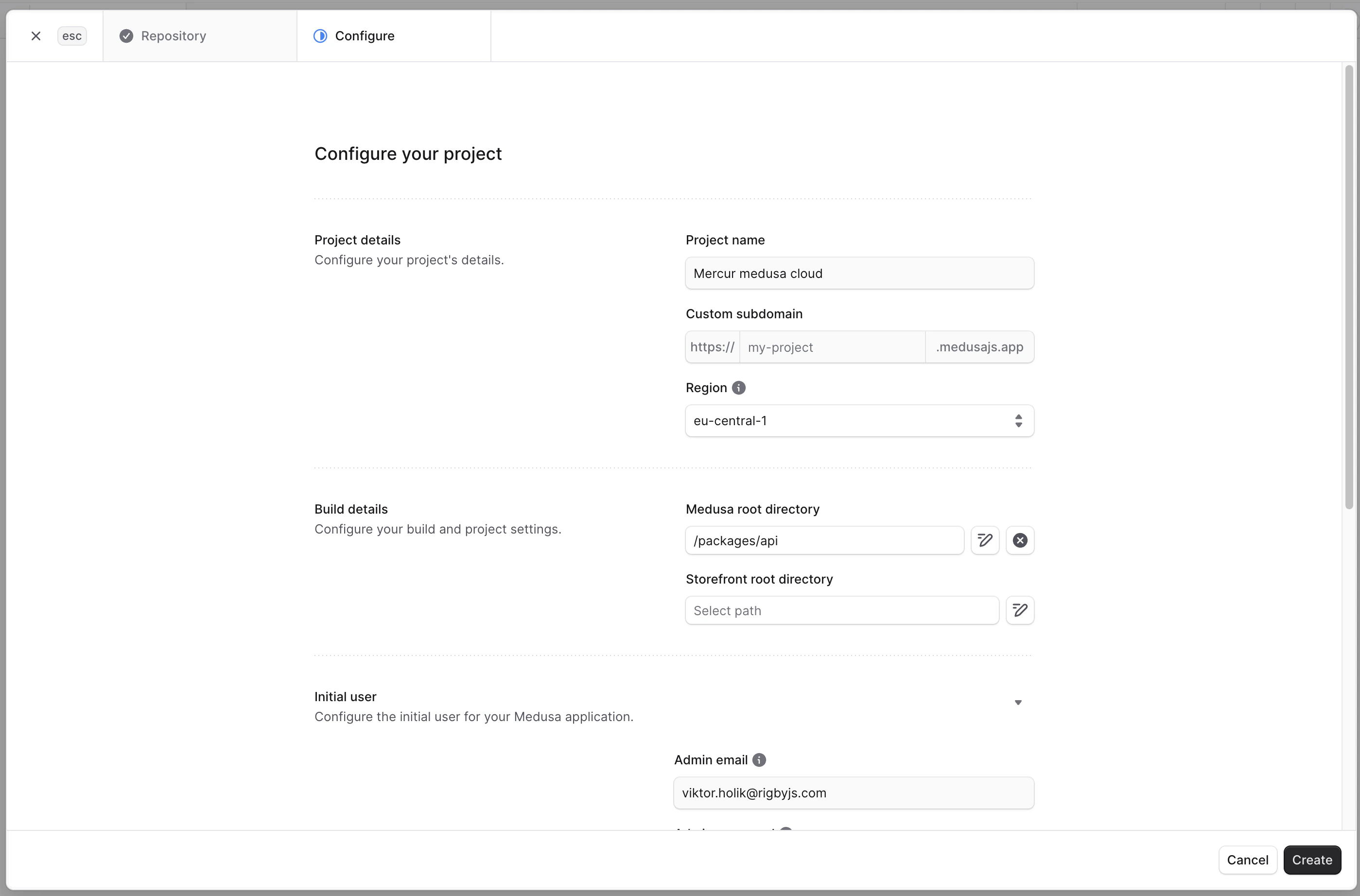 Configure project — name, region, Medusa root directory