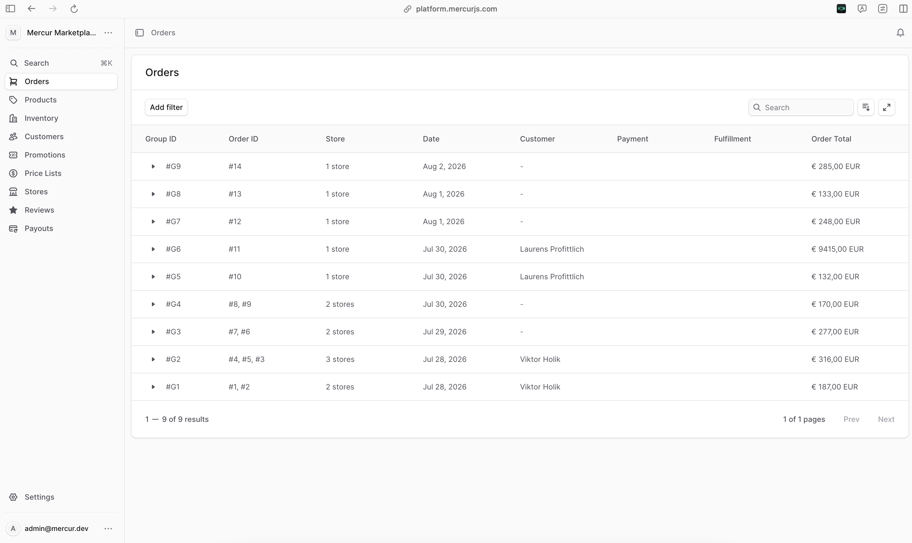 Admin Panel Orders list showing order groups, each spanning one or more stores