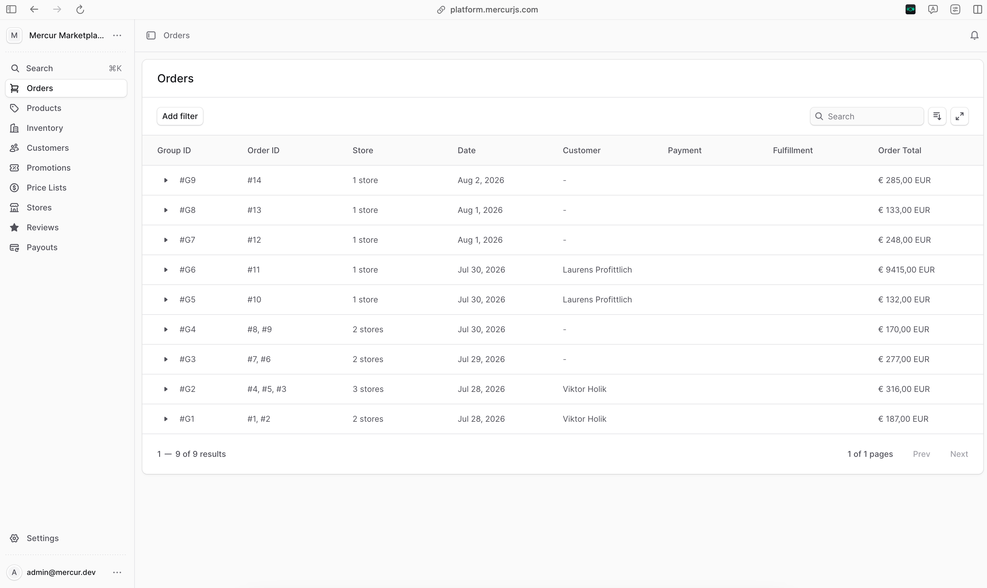 Admin Panel Orders list showing order groups, each spanning one or more stores