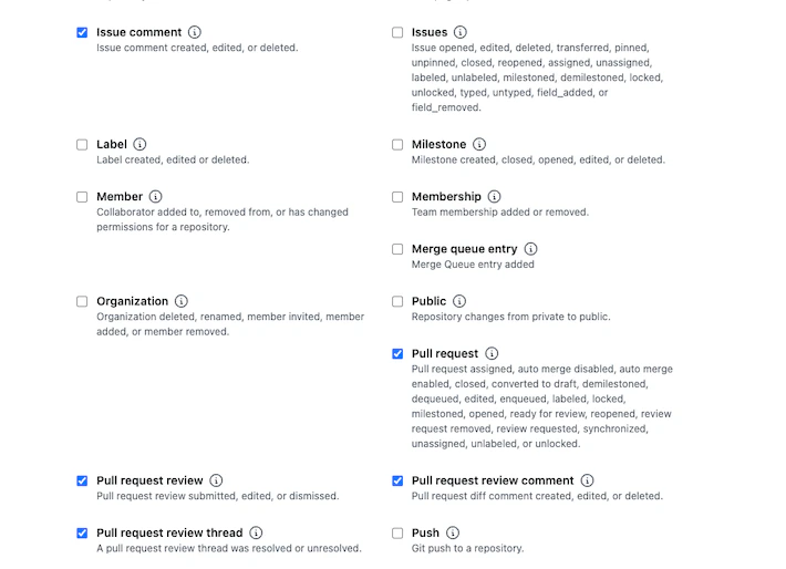 GitHub App webhook event subscriptions