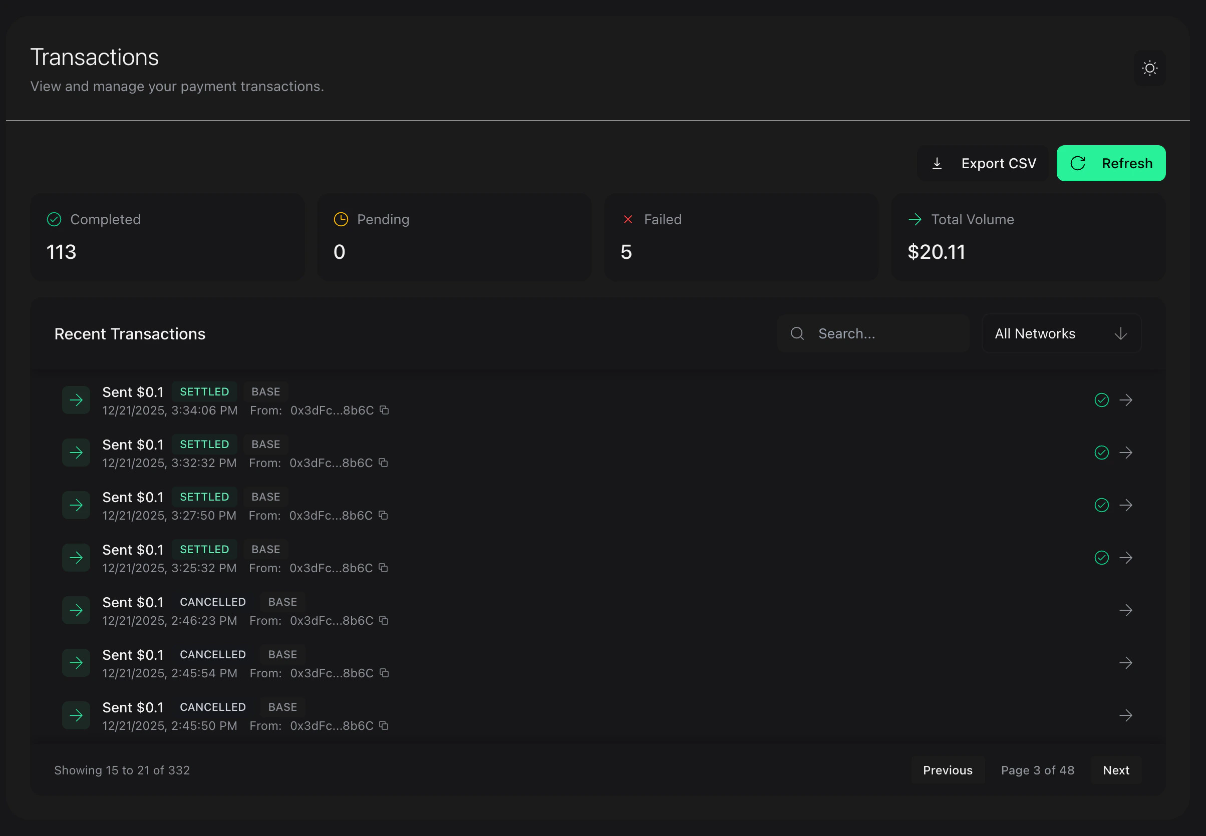 Command Centre transactions view