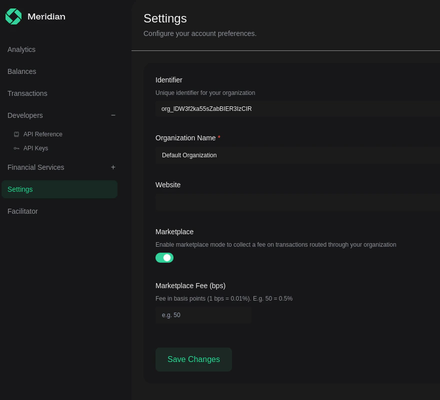 Command Centre settings page showing Marketplace toggle, Marketplace Fee input, and Save Changes button