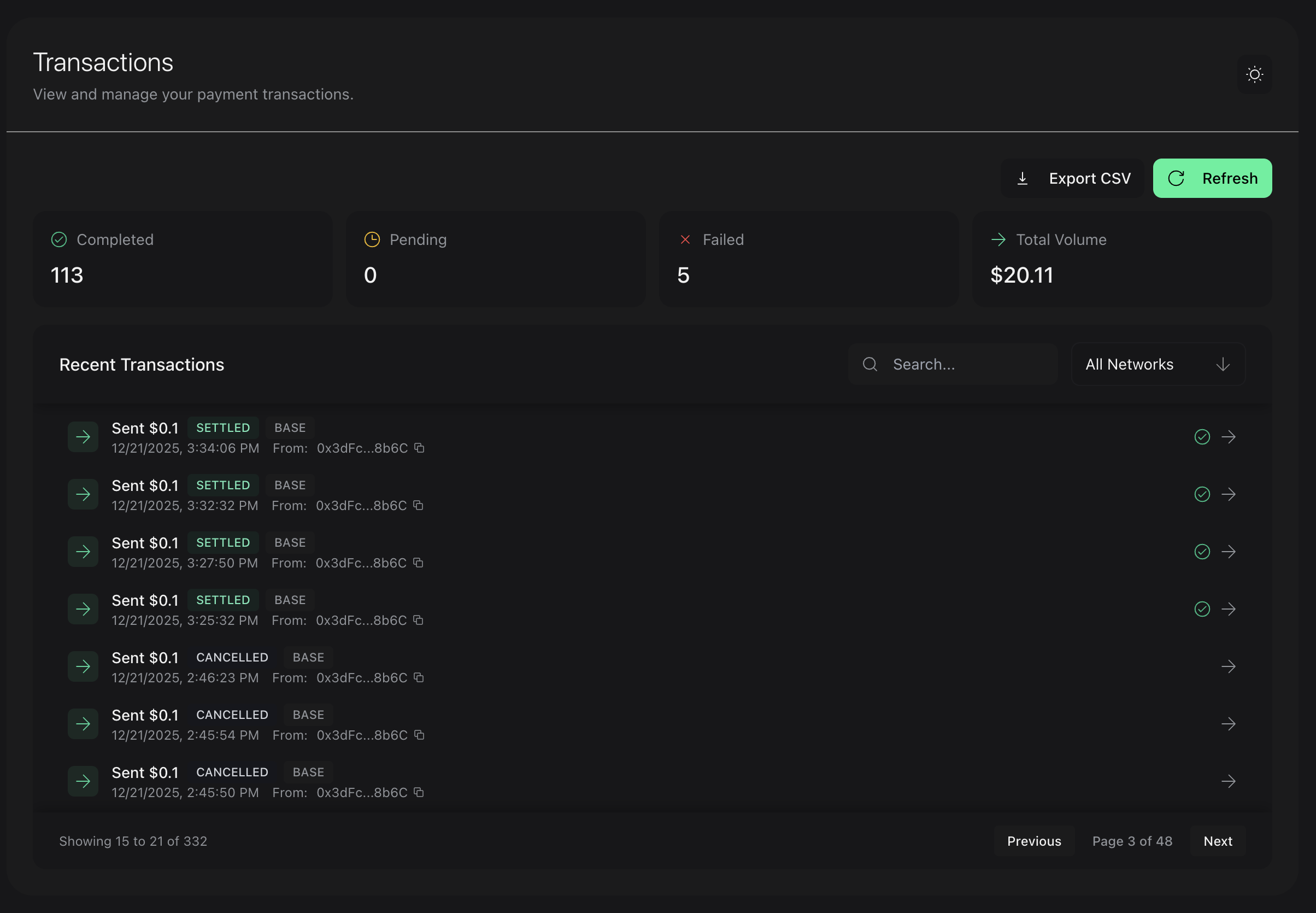 Command Centre transactions view