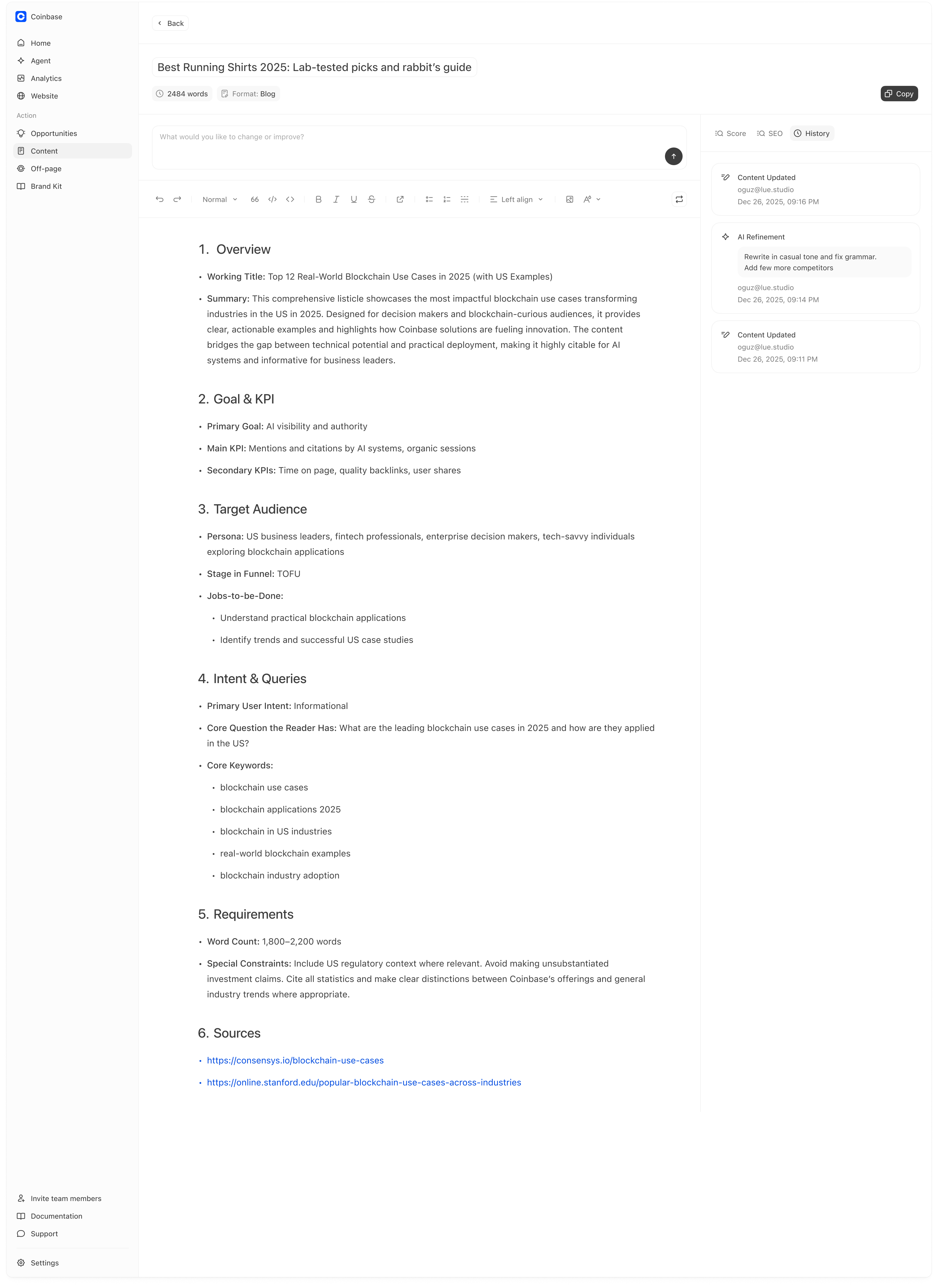 Article review editor with AI refinement input and History