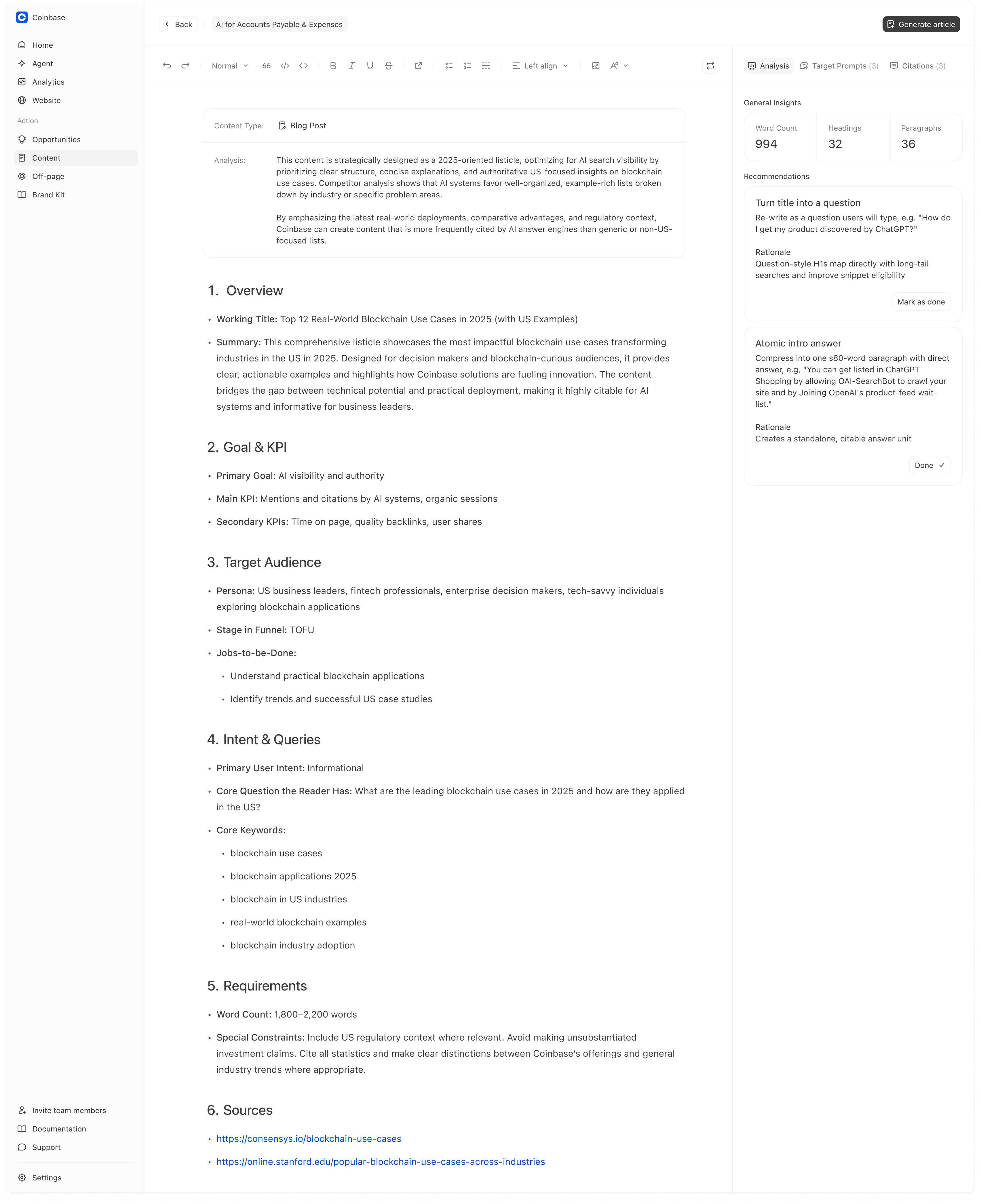 Brief review page with analysis, target prompts, and citations