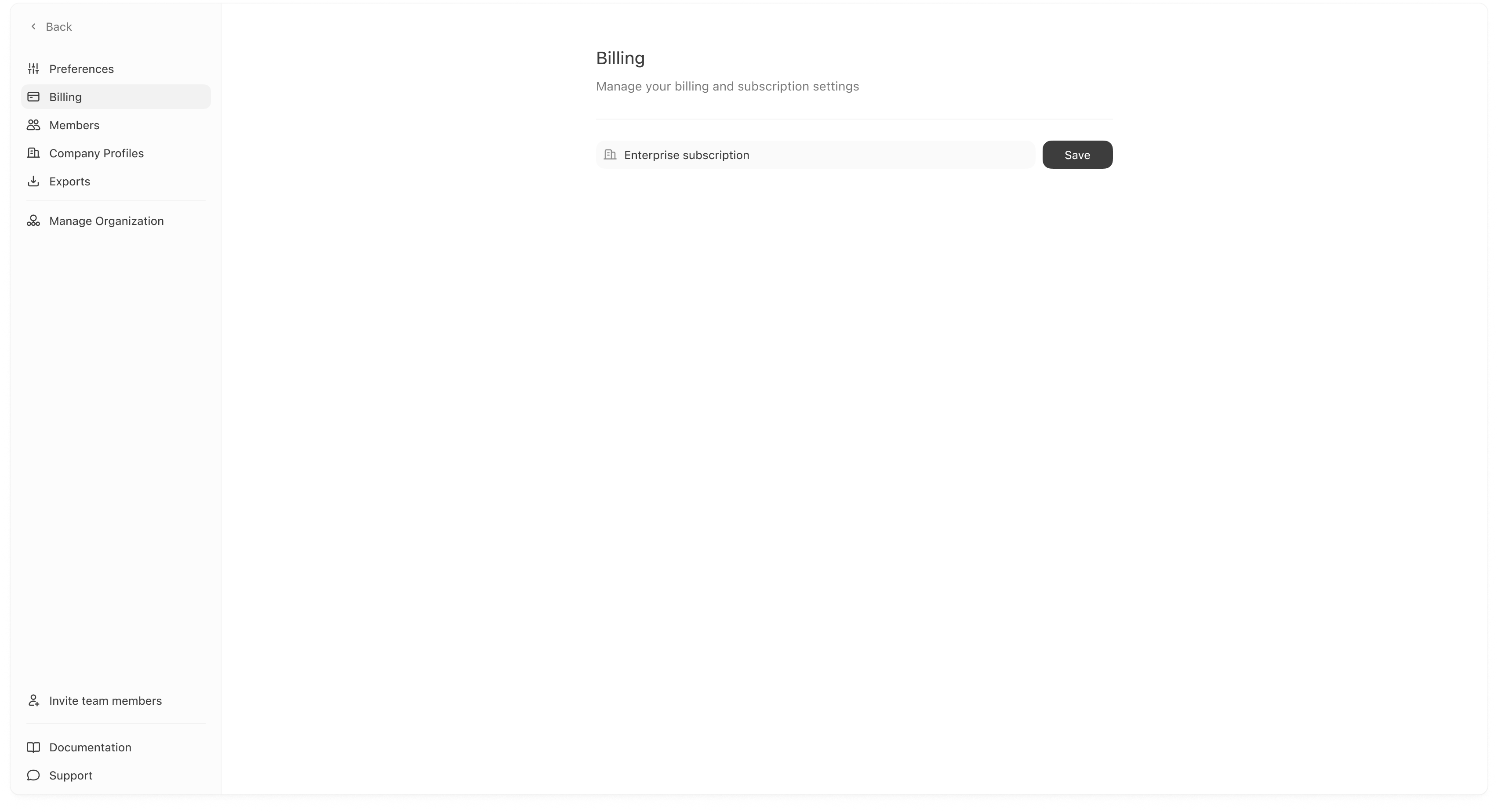 Settings → Billing showing subscription plan and Save