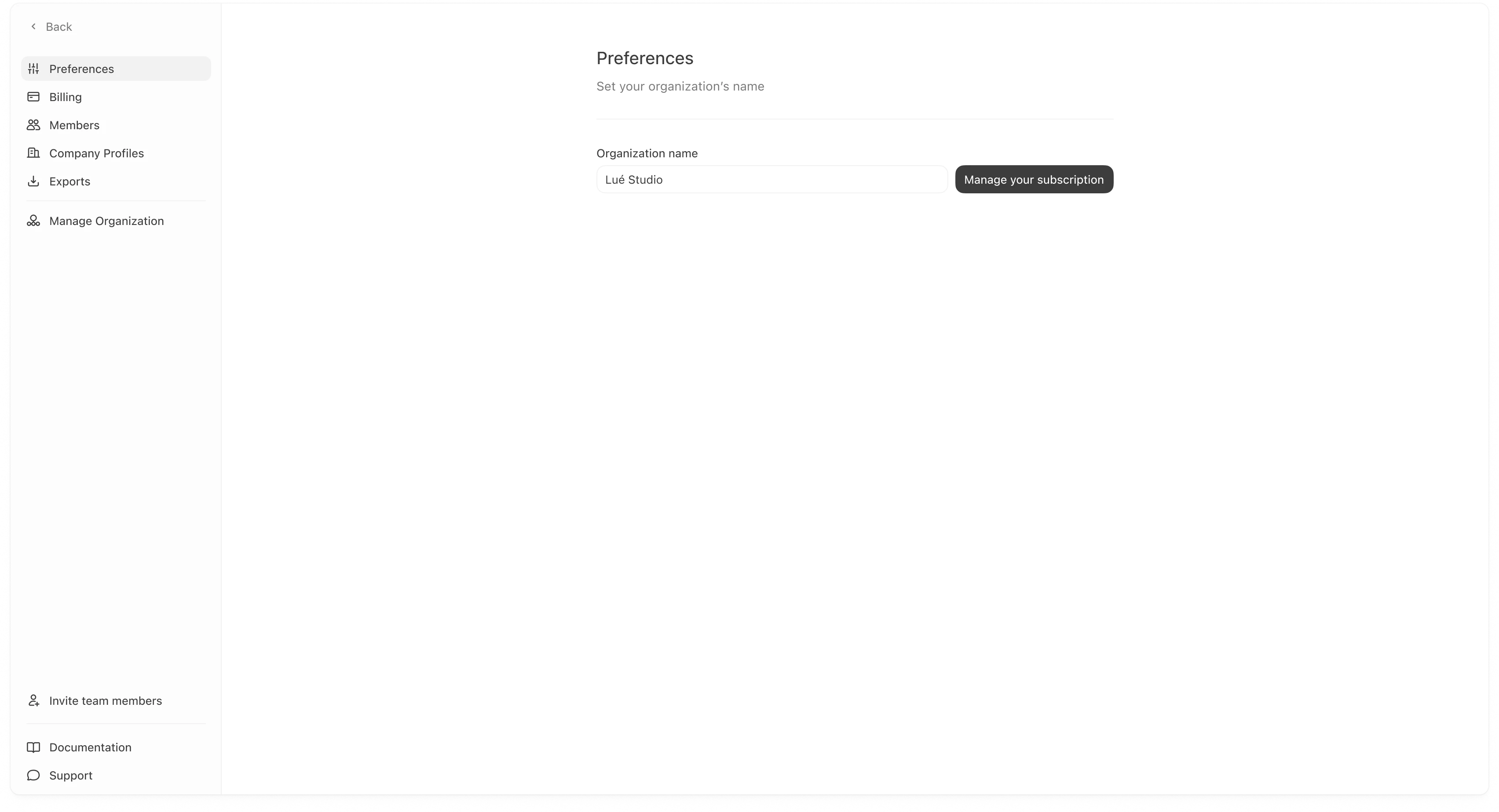 Settings → Preferences showing organization name