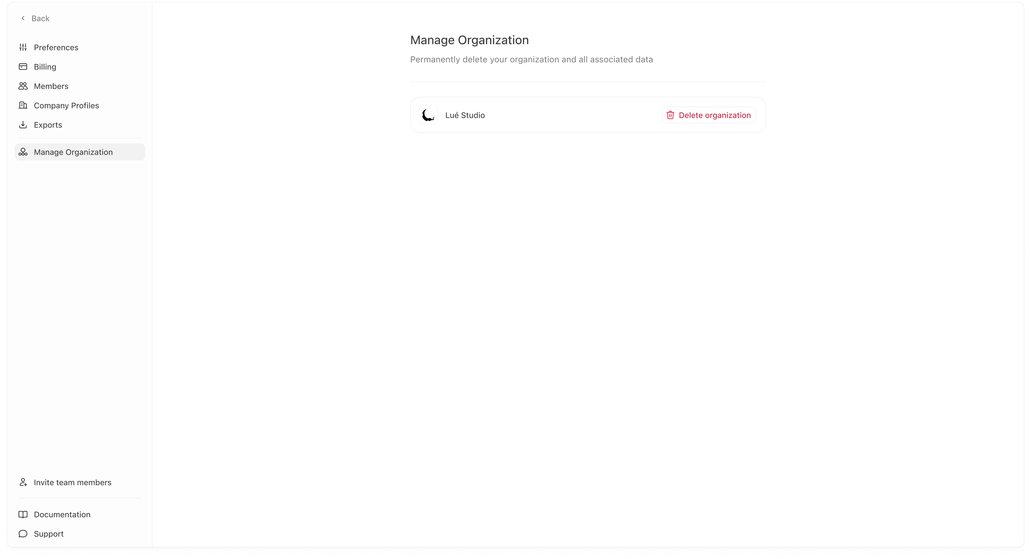 Manage Organization page showing “Delete organization”
