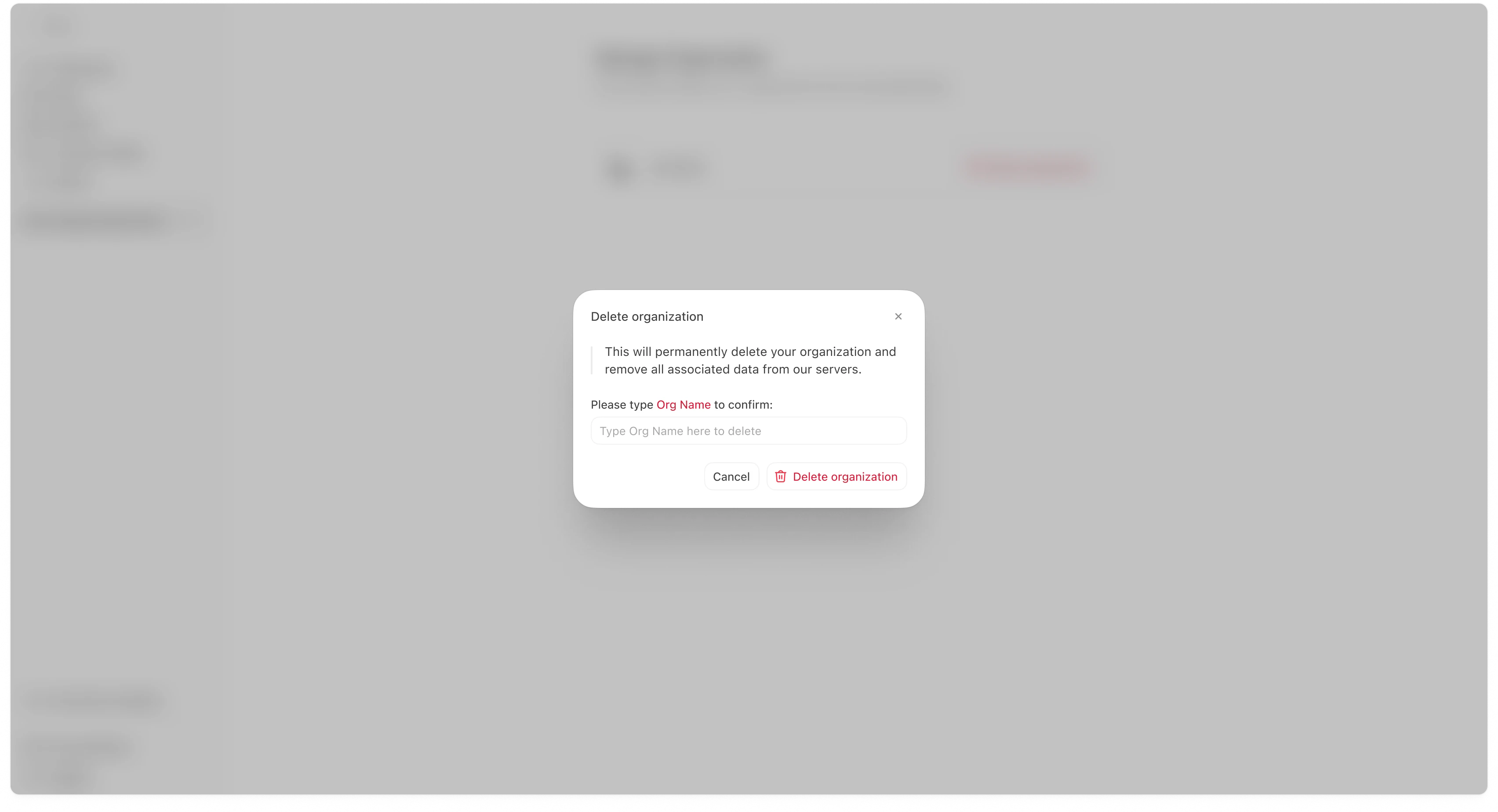 Delete organization confirmation modal