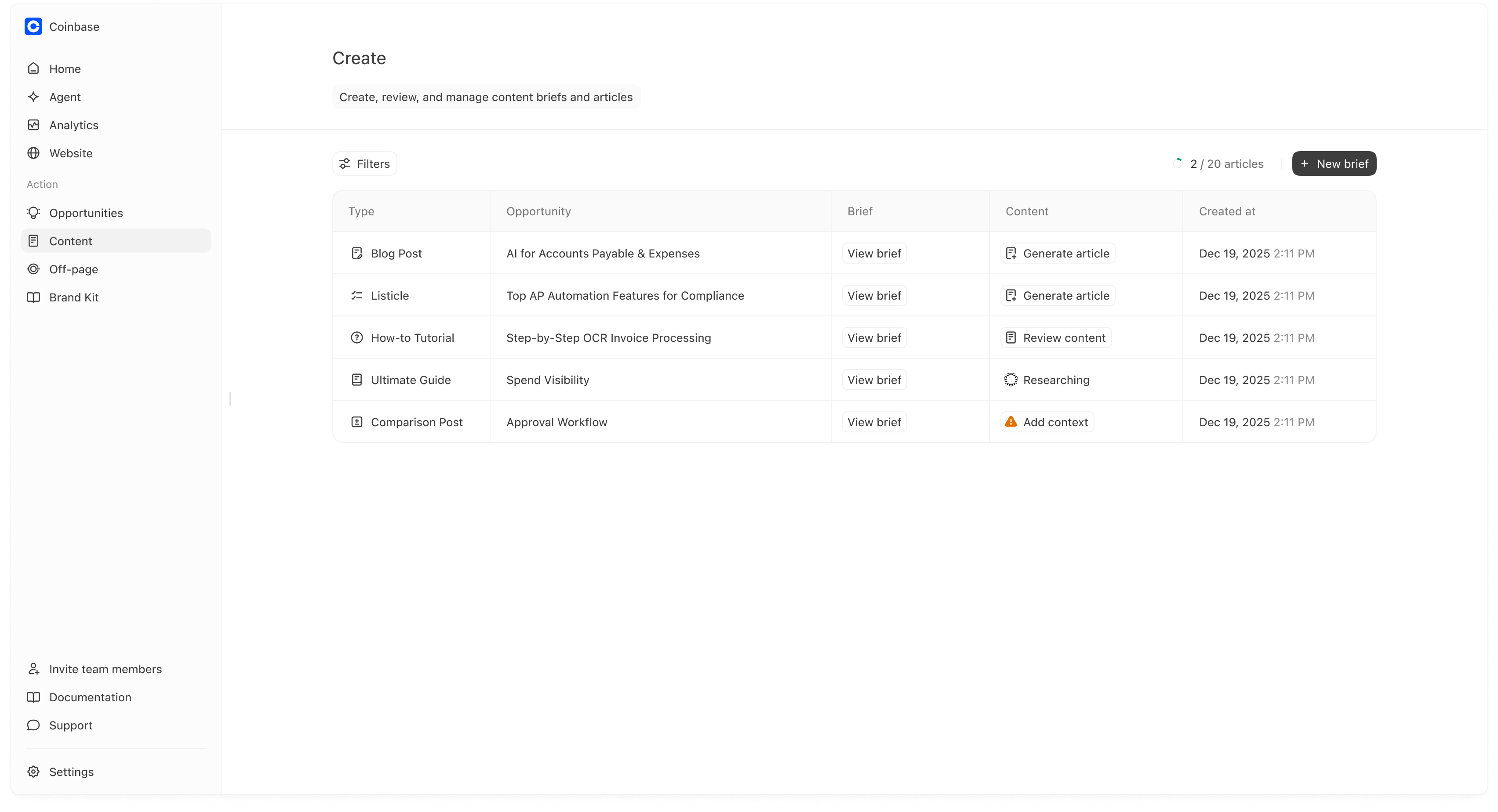 Content list showing content pieces, briefs, and current statuses