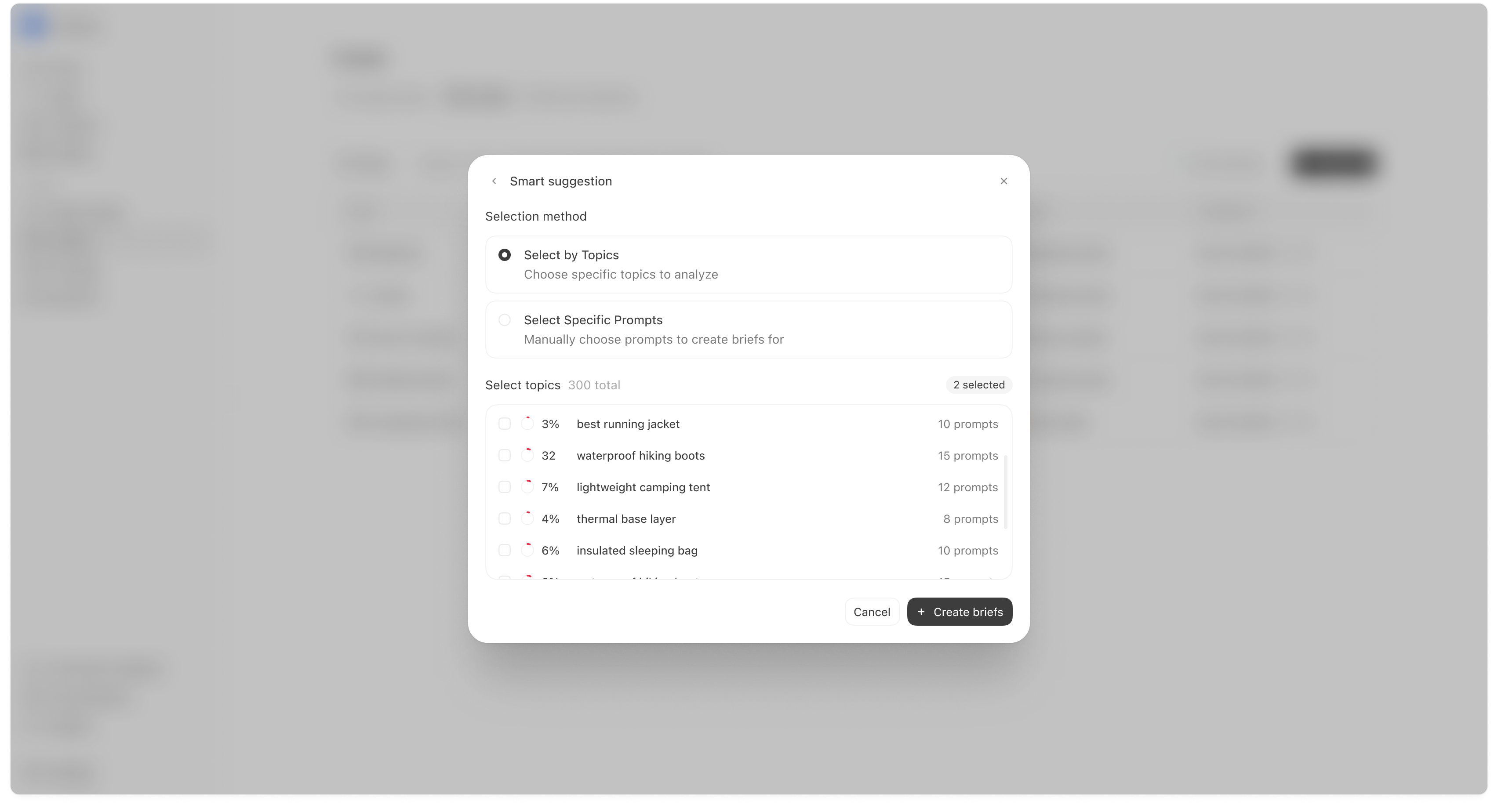 Smart suggestion selector: Topics vs Specific Prompts