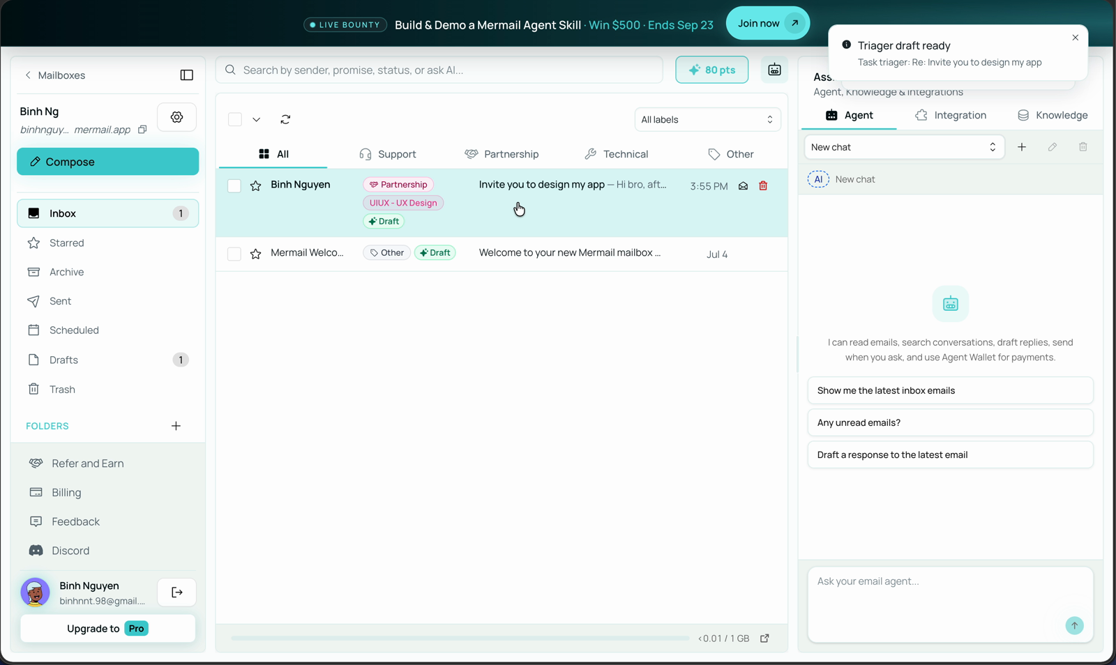 Mermail inbox list showing an email with the Partnership category and a UIUX - UX Design custom label